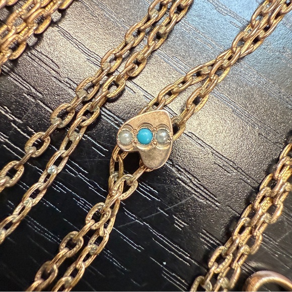 Antique Gold Filled Heart Slide Turquoise Pearl Necklace Chain Lorgnette 50" - Picture 2 of 8